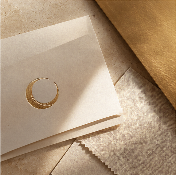 Cream stationery with a gold wax seal on warm fabric