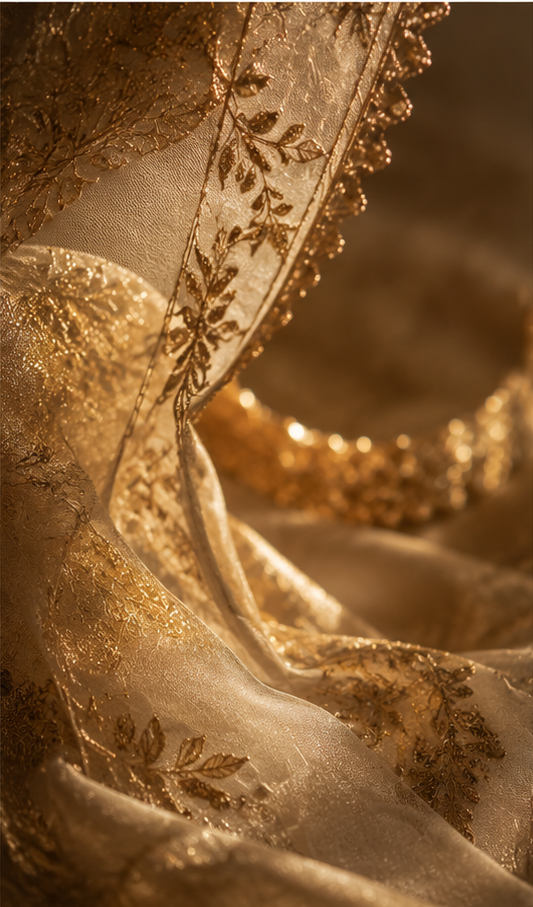 Gold-embroidered bridal silk catching warm light