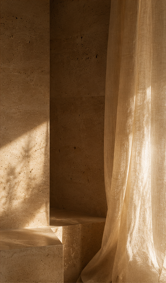 Travertine and linen in soft directional daylight