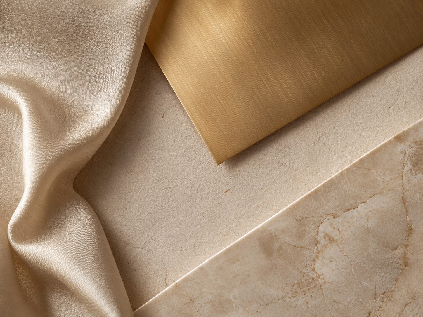 Silk, brushed brass and marble arranged as a material study