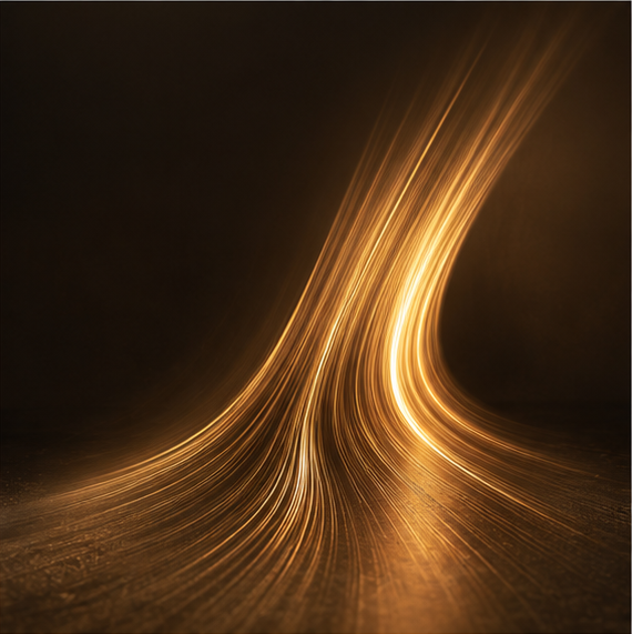 Streaks of gold light sweeping across a dark field