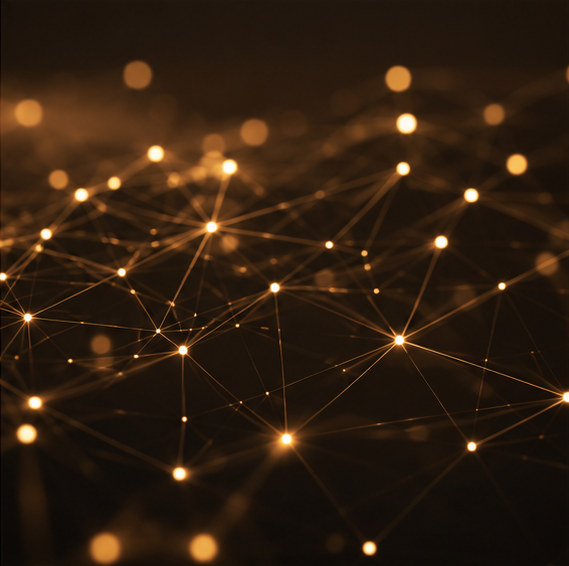 A lattice of connected gold nodes on a dark ground